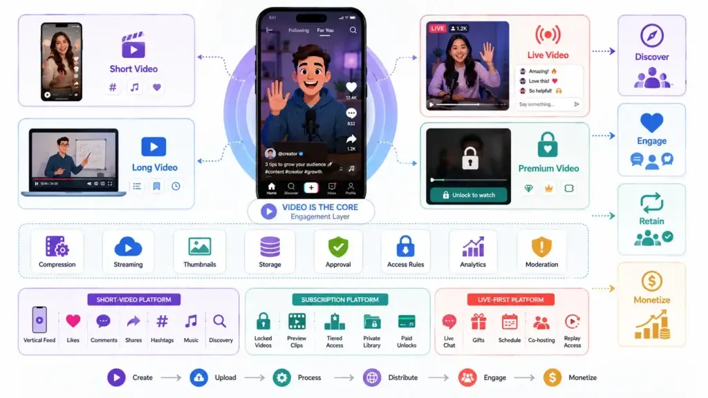 How Modern Content Creation Platforms Combine Video, Subscriptions, Live Streaming, and Fan Engagement 1 Modern content creation platform with short videos, long videos, live streaming, premium content, subscriptions, and monetization