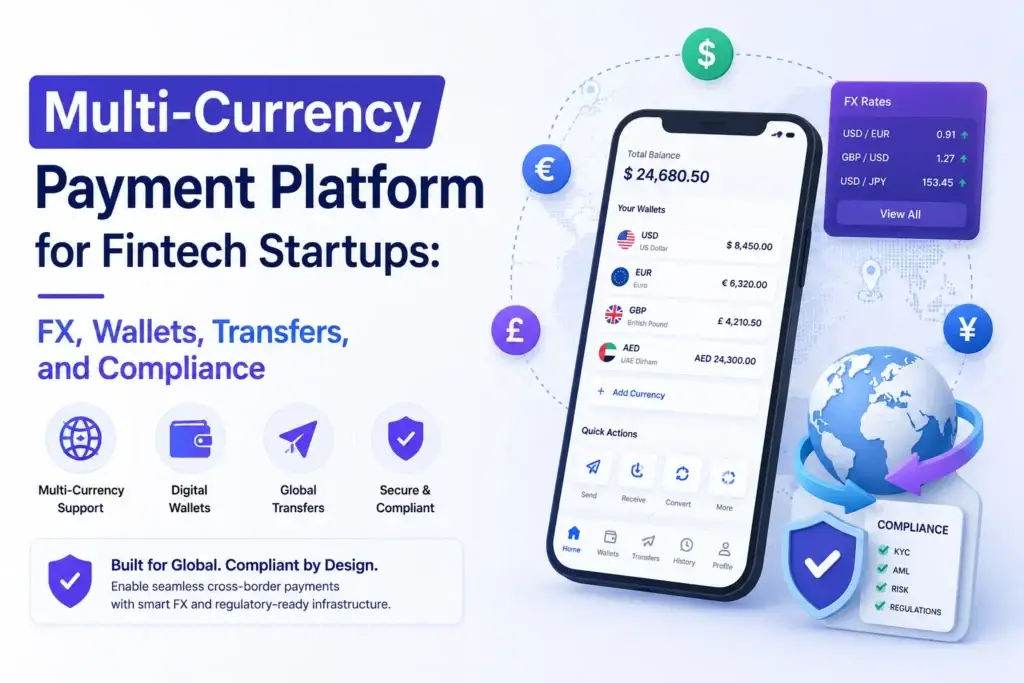 Multi-currency payment platform for fintech startups with FX rates, digital wallets, global transfers, KYC, AML, risk, and compliance