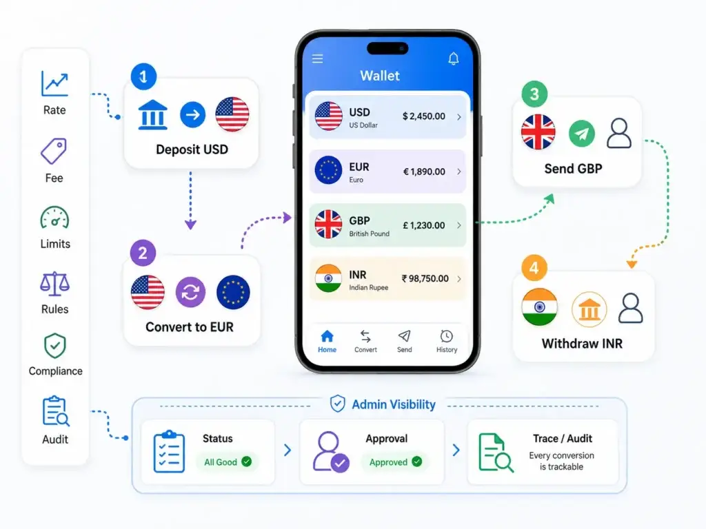 Multi-Currency Payment Platform for Fintech Startups: FX, Wallets, Transfers, and Compliance 1 Multi-currency wallet showing USD deposit, EUR conversion, GBP transfer, INR withdrawal, exchange rates, fees, limits, compliance, and audit tracking