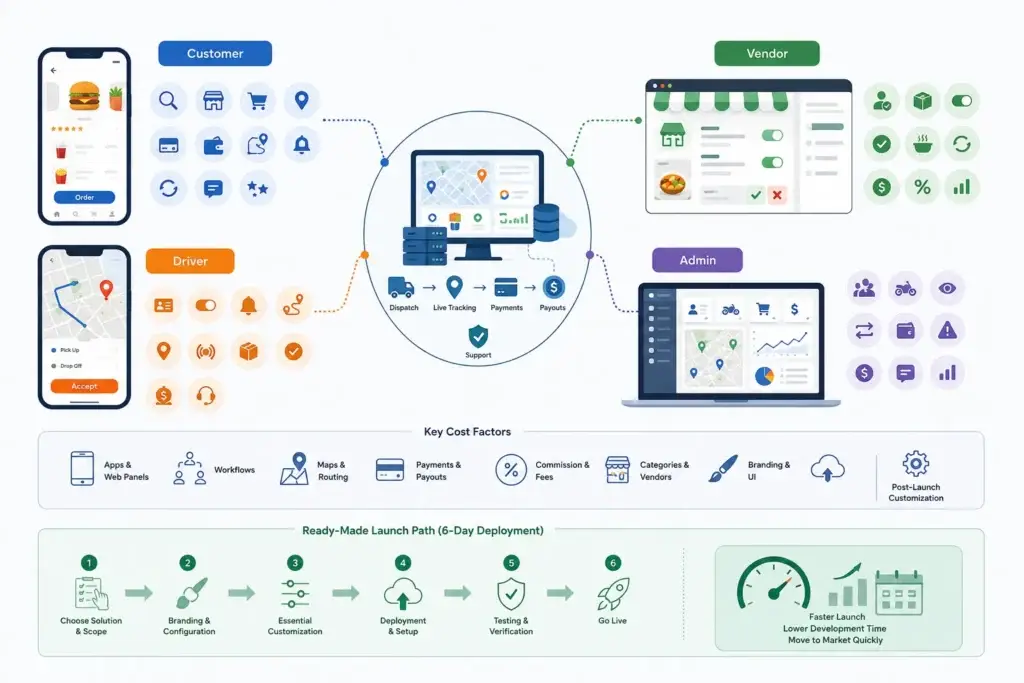 Can AI Build a Multi-Vendor Marketplace? The Real-Time Logistics Blueprint 2 Multi-vendor logistics app development infographic showing customer app, driver app, vendor panel, admin dashboard, dispatch, live tracking, payments, payouts, support, maps, routing, workflows, commission fees, categories, vendors, branding, post-launch customization and 6-day ready-made launch path.