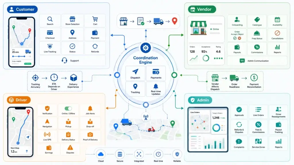 Can AI Build a Multi-Vendor Marketplace? The Real-Time Logistics Blueprint 1 Multi-vendor logistics workflow infographic showing customer app, vendor panel, driver app, admin dashboard, coordination engine, dispatch, payments, tracking, real-time updates, vendor readiness, driver assignment, refunds, commissions, disputes, payout tracking and delivery operations.