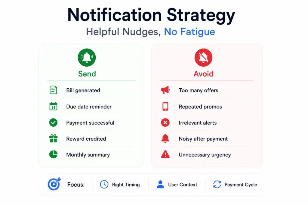 How Can a Credit Rewards Platform Turn Bill Payments Into Repeat User Engagement? 2 Notification strategy for credit rewards platforms showing useful bill reminders, payment alerts, rewards, and notifications to avoid.
