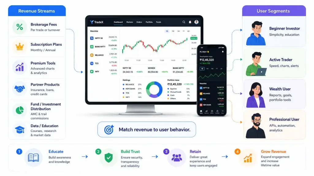 How Online Discount Brokerage Platforms Work: Trading, Demat, Orders, and Back-Office Explained 2 Online brokerage platform revenue streams including brokerage fees, subscriptions, premium tools, partner products, fund distribution, and financial education