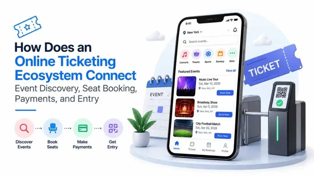 Online ticketing ecosystem connecting event discovery, seat booking, secure payments, digital tickets, and venue entry