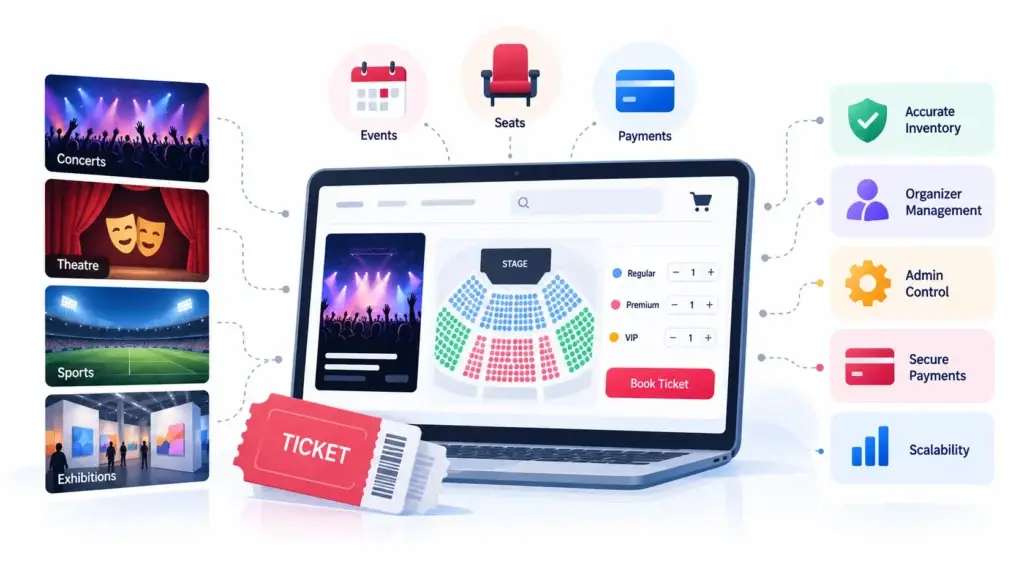 How Does an Online Ticketing Ecosystem Connect Event Discovery, Seat Booking, Payments, and Entry? 2 Online ticketing platform showing events, seat selection, payments, organizer management, admin controls, and scalability