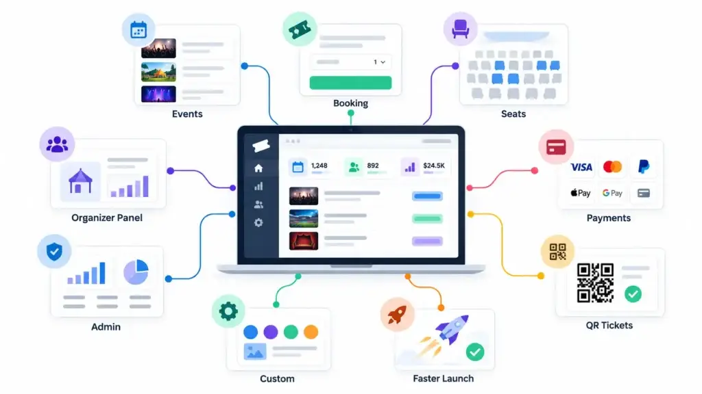 Pre-Built Ticketing Platform vs Custom Software: What Changes in Cost, Control, and Launch Risk? 1 Pre-built ticketing platform showing events, booking, seat management, organizer panel, admin dashboard, payments, QR tickets, customization, and faster deployment