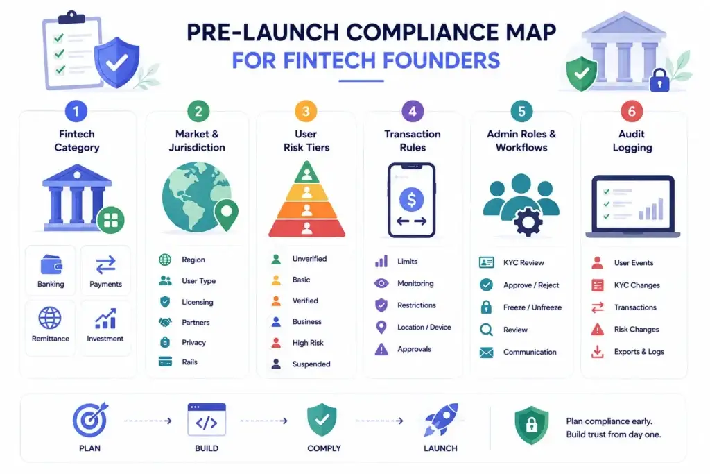 How Should Founders Plan KYC, AML, Risk, and Compliance Before Launching a Fintech Platform? 1 Pre-launch fintech compliance map for founders covering fintech category, jurisdiction, user risk tiers, transaction rules, admin workflows, and audit logging