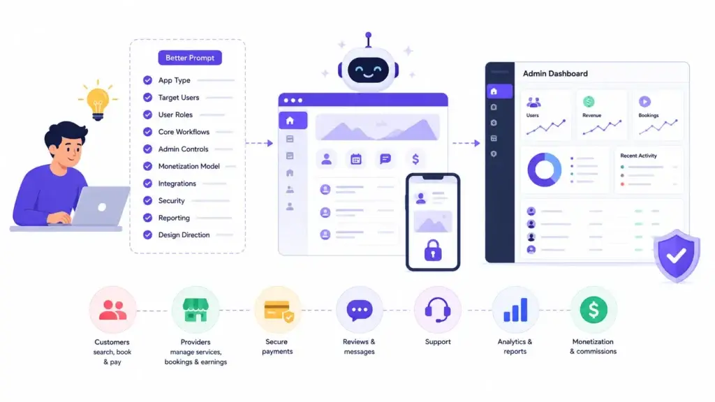 How Do Prompt-to-App Platforms Turn Natural Language Into Working Applications? 1 AI app builder converting a detailed service marketplace prompt into UI screens, navigation, authentication, database tables, backend workflows, APIs, payments, admin panels, and deployment-ready code