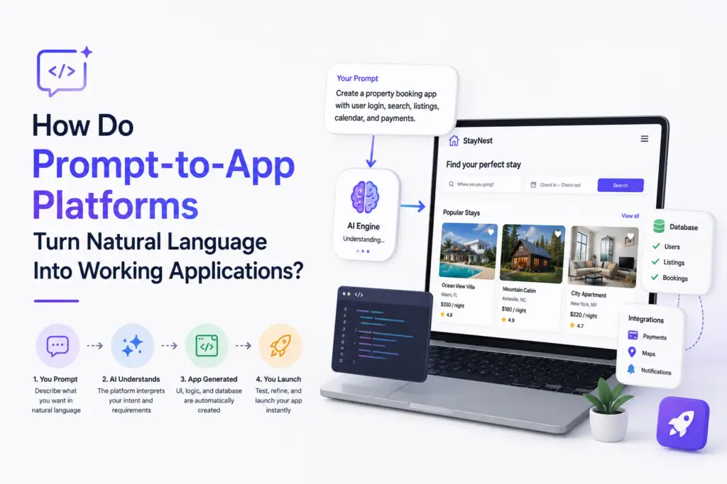 Prompt-to-app platform converting natural language into working application screens, backend logic, database, APIs, and deployment