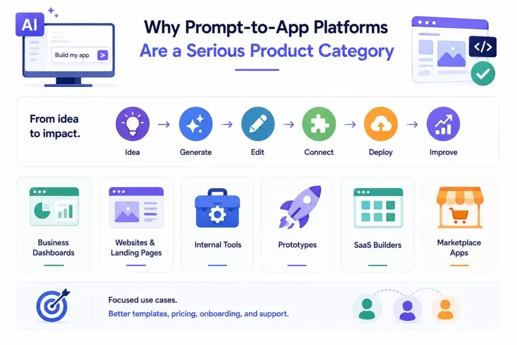 AI App Builder Platform Architecture: How Prompt-to-App Products Work Behind the Scenes 1 Prompt-to-app platforms showing AI-powered app generation from idea to deployment with editing, integrations, business dashboards, websites, internal tools, prototypes, SaaS builders, and marketplace apps