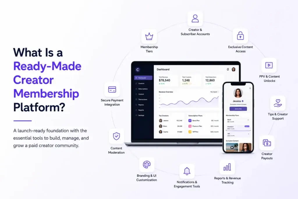 Ready-Made Creator Membership Platform vs Custom Development: What Should Startups Choose? 1 Ready-made creator membership platform showing membership tiers, creator accounts, exclusive content, PPV access, payments, payouts, moderation, and analytics