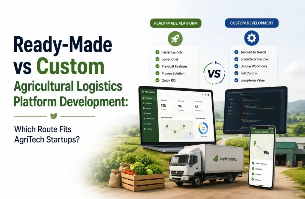 Ready-made vs custom agricultural logistics platform development for startups comparing faster launch, flexibility, scalability, and control.