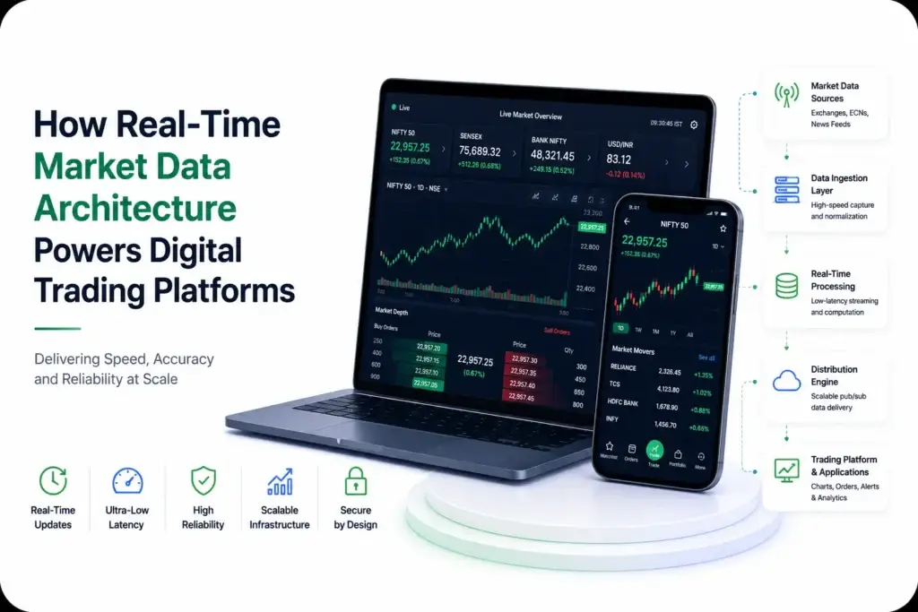Real-time market data architecture for digital trading platforms with data sources, ingestion, low-latency processing, distribution, charts, orders, alerts, and analytics