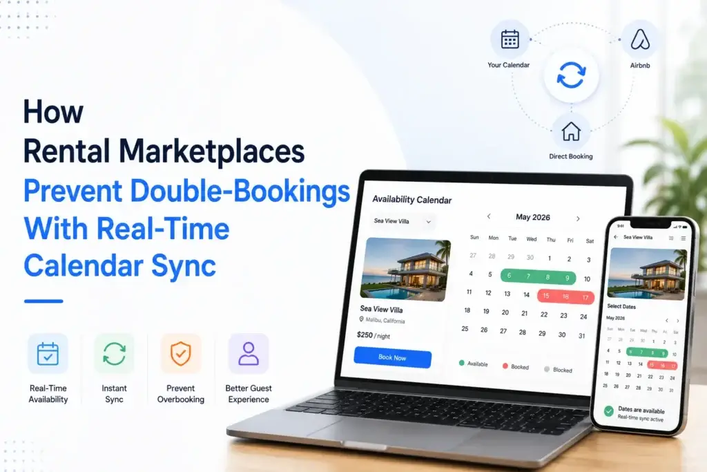 Rental marketplaces prevent double bookings with real-time calendar sync across direct bookings, external platforms, and availability calendars.