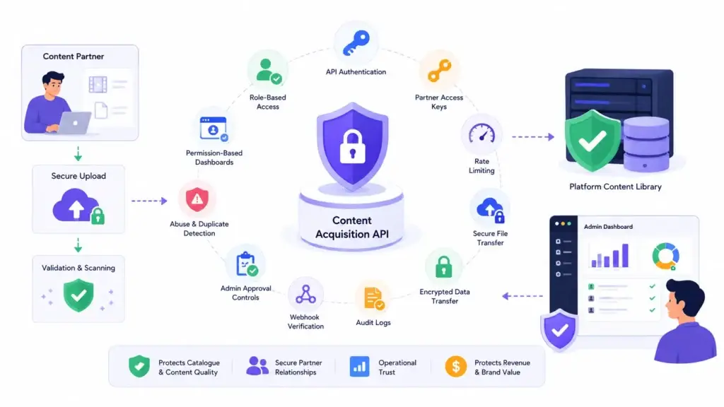 Content Acquisition APIs for a Video Streaming Platform: Scaling Catalogue Ingestion Without Manual Uploads 2 Secure content acquisition API workflow with authentication, access controls, encrypted transfer, rate limiting, validation, audit logs, and admin approval