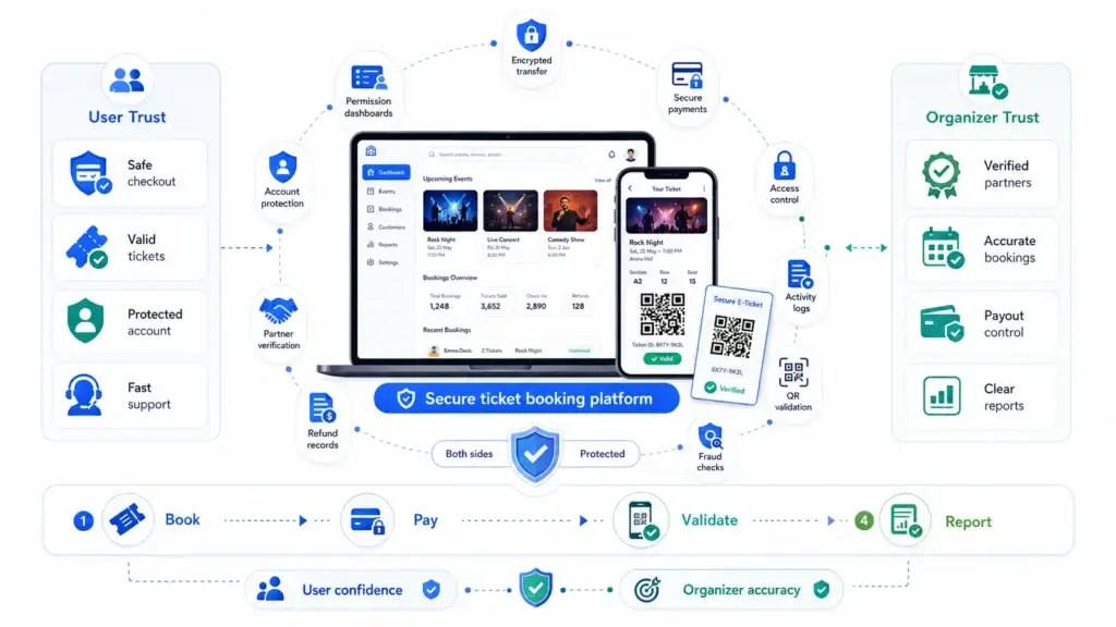 Why Startups Choose a BookMyShow Clone Over Building a Ticket Booking Platform From Scratch 2 Secure ticket booking platform with user trust, organizer verification, payments, ticket validation, and reporting