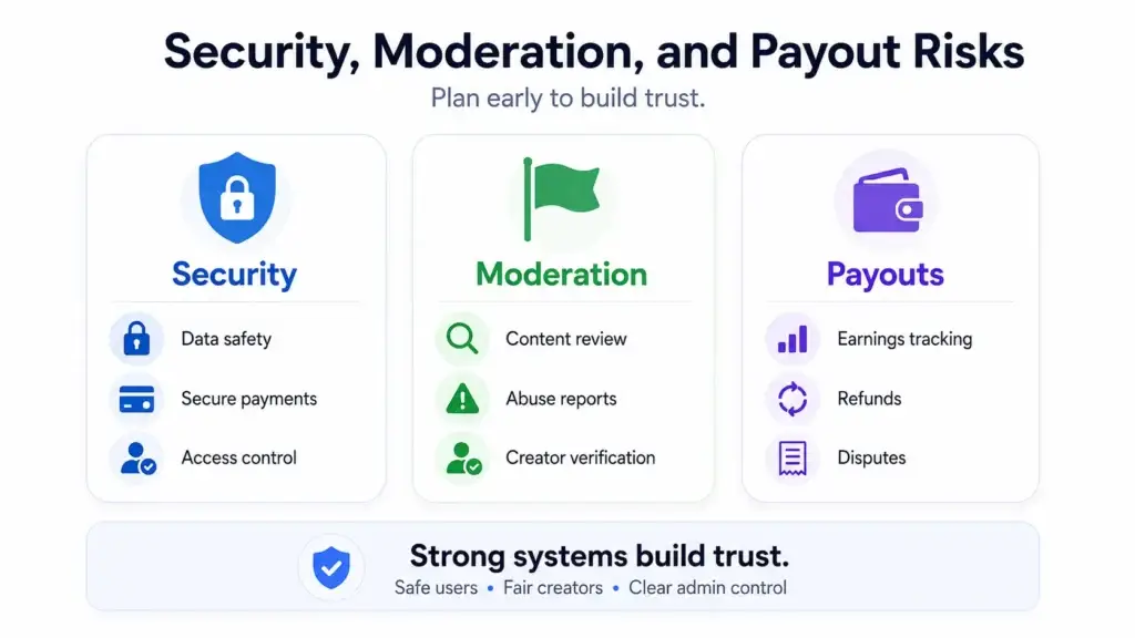 How Paid Creator Access Works in Visual Social Apps: Subscriptions, Gifts, and Premium Content Rules 2 Security, moderation, and payout risks in creator platforms showing data safety, content review, creator verification, refunds, and disputes