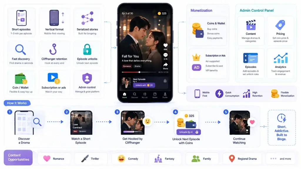 What Is a Short Drama Streaming App and How Does Vertical Episode Unlocking Work? 1 Short drama streaming app features with vertical episodes, coin-based unlocking, subscriptions, ads, wallet, analytics, and admin controls