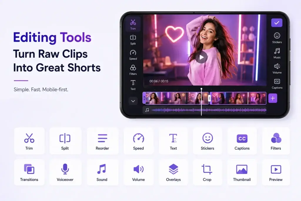 How Do Short-Form Video Platforms Manage Recording, Editing, Effects, and Publishing? 1 Short-form video editing tools for trimming, splitting, reordering, captions, filters, voiceovers, transitions, and thumbnails