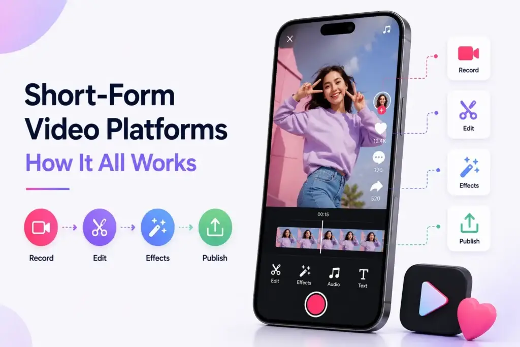 Short-form video platform workflow showing recording, editing, effects, and publishing videos