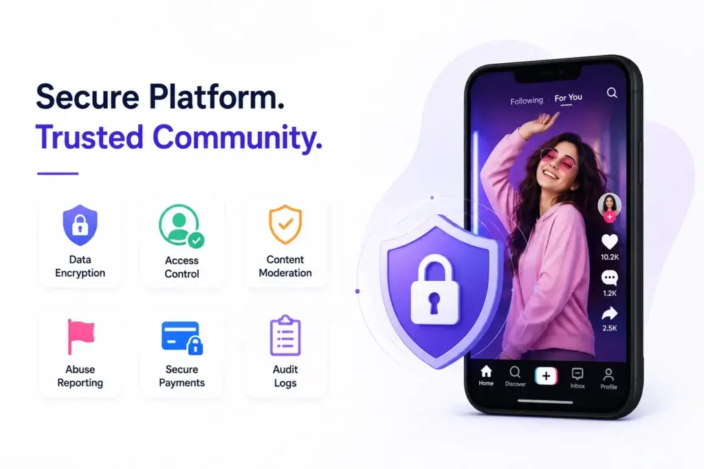 How Do Short-Form Video Platforms Manage Recording, Editing, Effects, and Publishing? 2 Short-form video platform security with data encryption, access control, content moderation, abuse reporting, secure payments, and audit logs