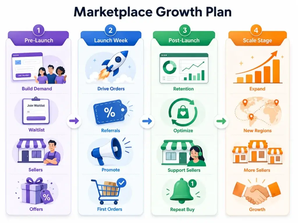 Pre-Launch and Post-Launch Marketing Plan for Social Shopping Marketplace 2 Social shopping marketplace growth plan covering pre-launch demand, launch-week orders, post-launch retention, and regional expansion