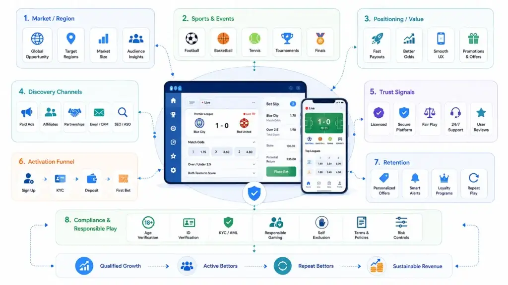 Sports Betting Platform Go-to-Market Strategy: Acquiring Bettors, Building Trust, and Improving Retention 1 Sportsbook platform infrastructure showing signup, KYC, wallet, CRM, affiliate tracking, live odds, bet slip, promotions, risk controls, responsible gaming, settlement, and reporting.