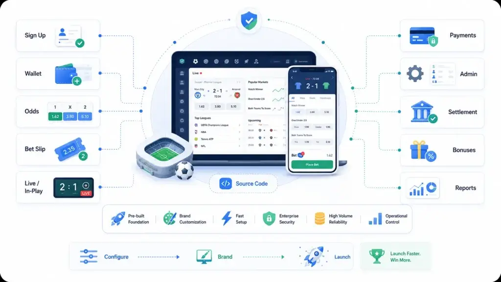 Sports Betting Platform vs Custom Sportsbook Development: Which Gives Startups Better Control and Launch Speed? 1 Sports betting platform architecture showing signup, wallet, odds, bet slip, live betting, payments, admin controls, settlements, bonuses, reports, and source code ownership.