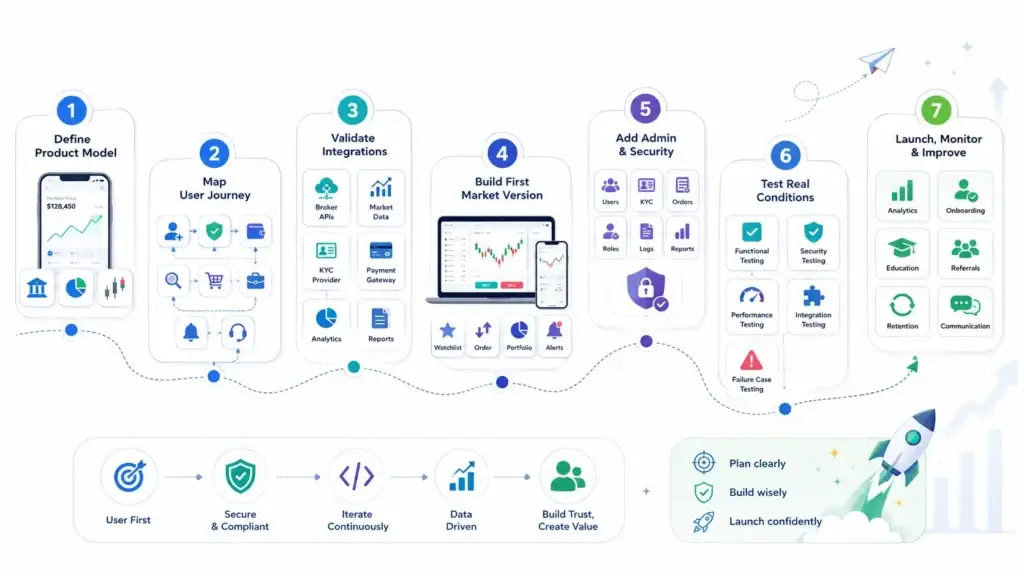 How to Build a Modern Stock Trading App: Features, Architecture, and Founder Roadmap 2 Stock trading app development roadmap covering product planning, user journeys, integrations, MVP development, security, testing, launch, and optimization