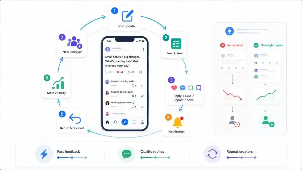 How Text-First Social Apps Work: Feeds, Replies, Communities, and User Engagement 2 Text-first social app engagement loop showing posts, feeds, replies, likes, notifications, repeat interactions, visibility, and community growth