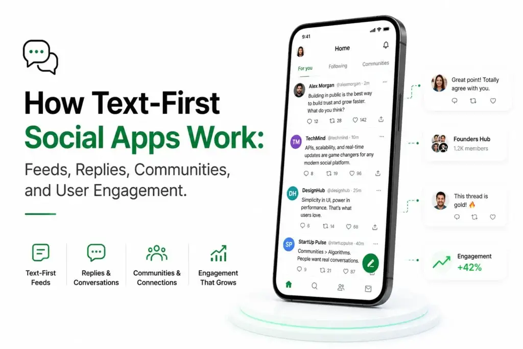 Text-first social app showing feeds, replies, communities, conversations, and user engagement features