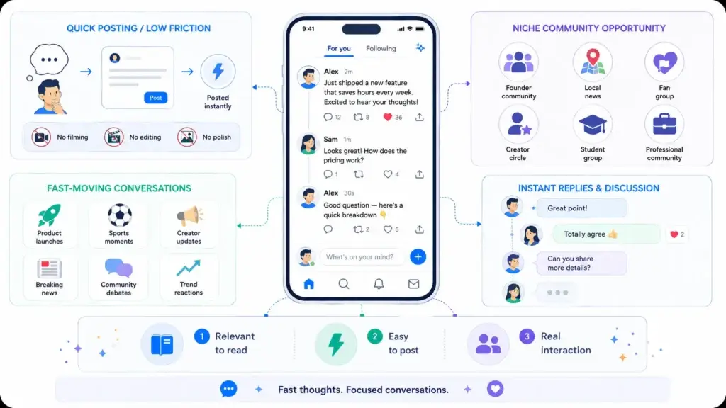 How Text-First Social Apps Work: Feeds, Replies, Communities, and User Engagement 1 Text-first social app showing quick posting, fast-moving conversations, niche communities, instant replies, and user engagement