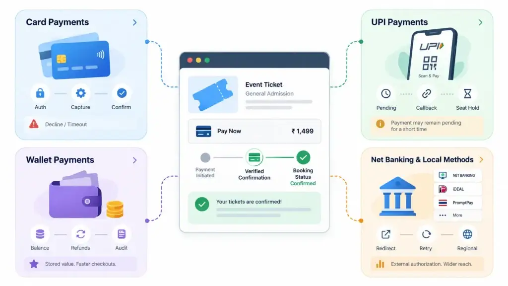 How Ticketing Platforms Handle Cards, UPI, Wallets, and Payment Gateway Failures 1 Ticketing checkout supporting card payments, UPI, wallets, net banking, local payment methods, payment verification, retries, and booking confirmation