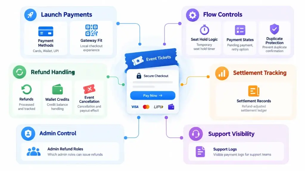 How Ticketing Platforms Handle Cards, UPI, Wallets, and Payment Gateway Failures 2 Ticketing payment workflow showing payment methods, seat hold logic, payment states, duplicate protection, refunds, settlement tracking, admin controls, and support logs