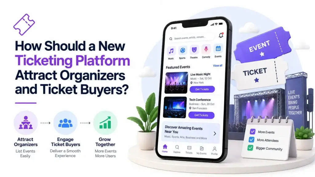 Ticketing platform growth strategy showing organizer acquisition, ticket buyer engagement, event discovery, booking, and community growth