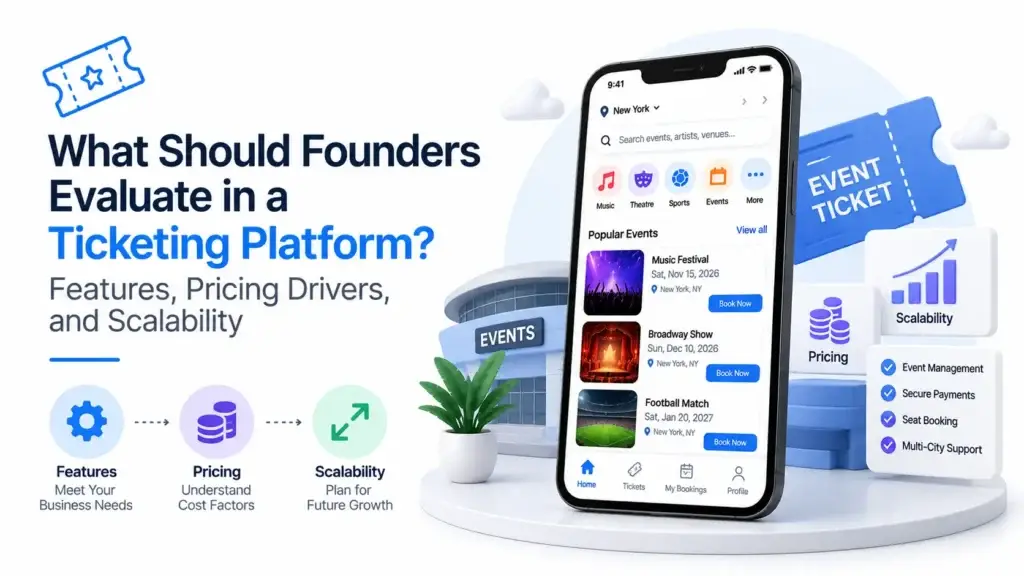 Ticketing platform evaluation showing features, pricing drivers, scalability, event management, secure payments, seat booking, and multi-city support