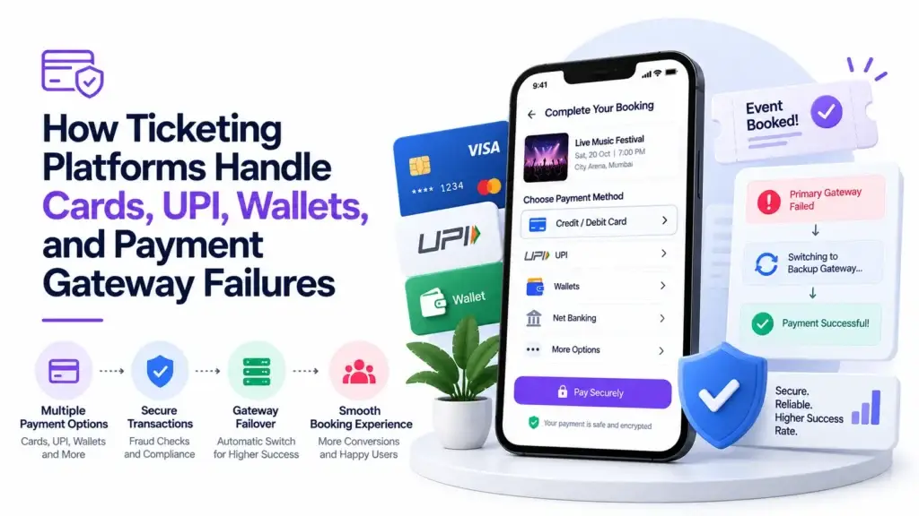 Ticketing platform handling cards, UPI, wallets, secure transactions, payment gateway failures, backup gateways, and booking confirmation