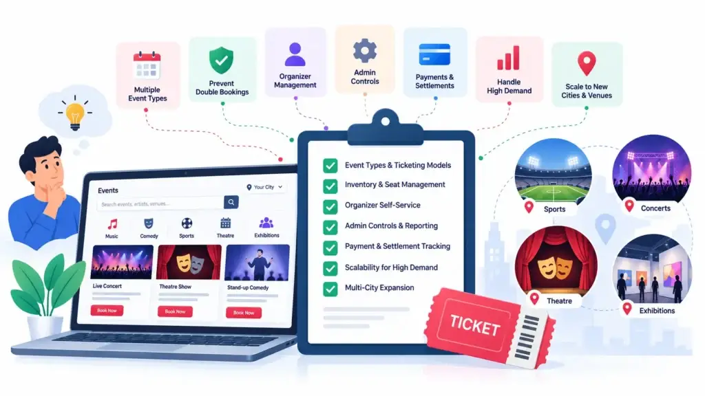 What Should Founders Evaluate in a Ticketing Platform? Features, Pricing Drivers, and Scalability 1 Ticketing platform planning showing event types, seat management, organizer controls, payments, settlements, high-demand handling, and multi-city scalability