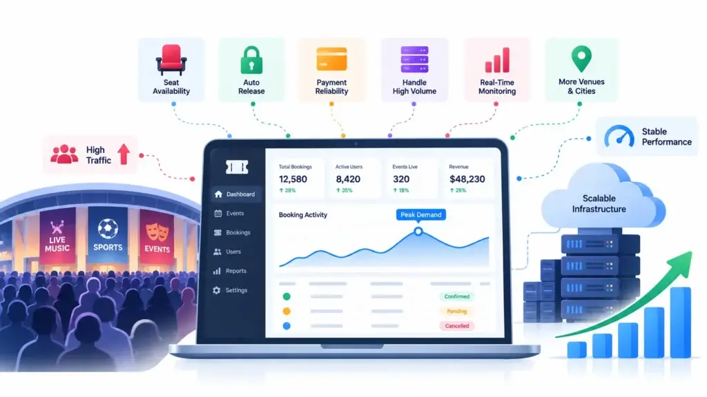 What Should Founders Evaluate in a Ticketing Platform? Features, Pricing Drivers, and Scalability 2 Scalable ticketing platform handling high traffic, seat availability, automatic inventory release, reliable payments, high booking volume, and real-time monitoring