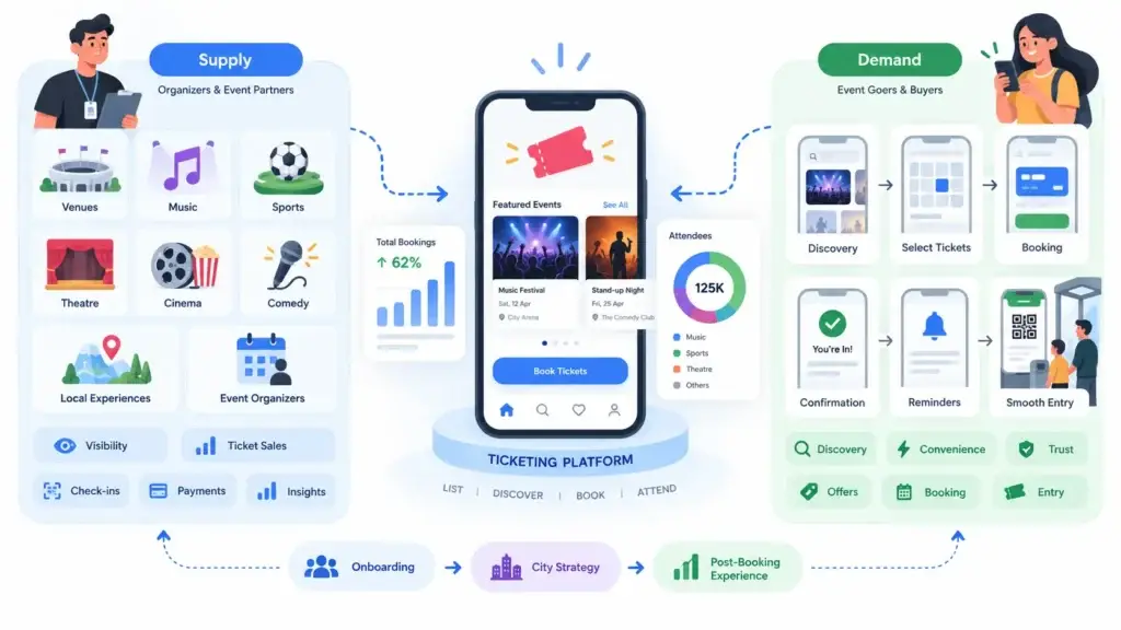 How Should a New Ticketing Platform Attract Organizers and Ticket Buyers? 1 Ticketing platform supply and demand model connecting event organizers, venues, concerts, sports, theatre, local experiences, and ticket buyers through discovery and booking