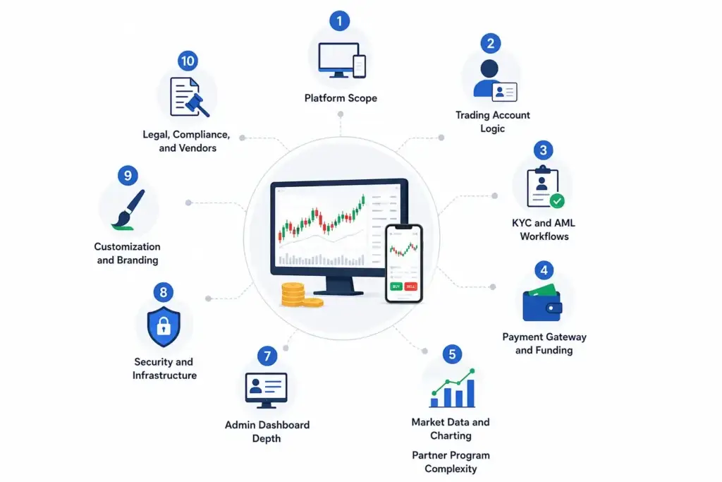 Trading Platform Features and Cost Factors Founders Should Review Before Launching a Forex Brokerage 2 Trading platform features and cost factors, including KYC, payments, market data, security, admin dashboard, and customization.