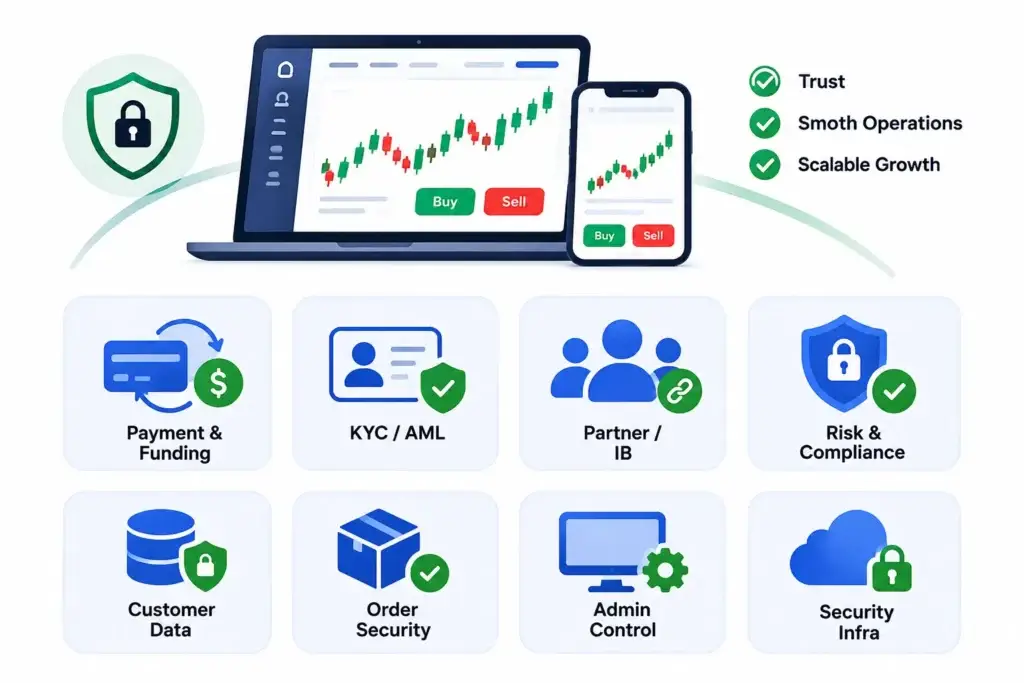 Trading Platform Features and Cost Factors Founders Should Review Before Launching a Forex Brokerage 1 Trading platform security features covering payments, KYC and AML, partner management, customer data, admin control, and compliance.