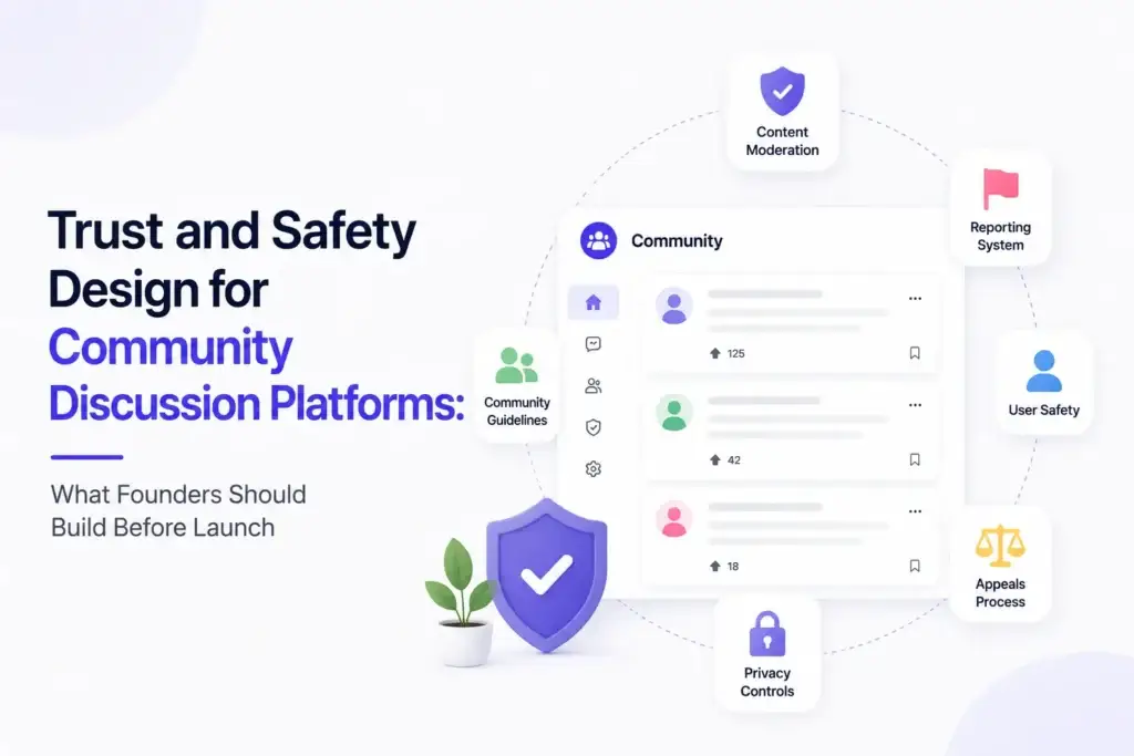 Trust and safety design for community discussion platforms showing content moderation, reporting, user safety, appeals, privacy controls, and community guidelines