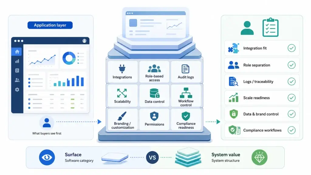 The 7 Types of Application Software B2B Buyers Demand 1 B2B application software infographic showing an application layer, modular system structure, integrations, role-based access, audit logs, scalability, data control, workflow control, branding, permissions, compliance readiness, integration fit, traceability and enterprise buyer value.