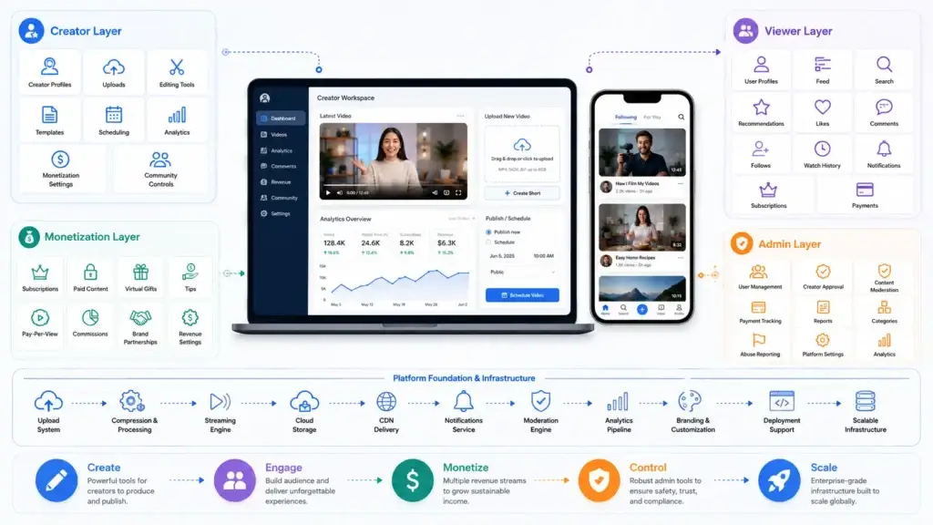 How Video Creation Platforms Help Creators Grow Audiences Across Multiple Content Formats 2 Video creation platform architecture showing creator tools, viewer engagement, monetization, admin controls, analytics, and scalable infrastructure