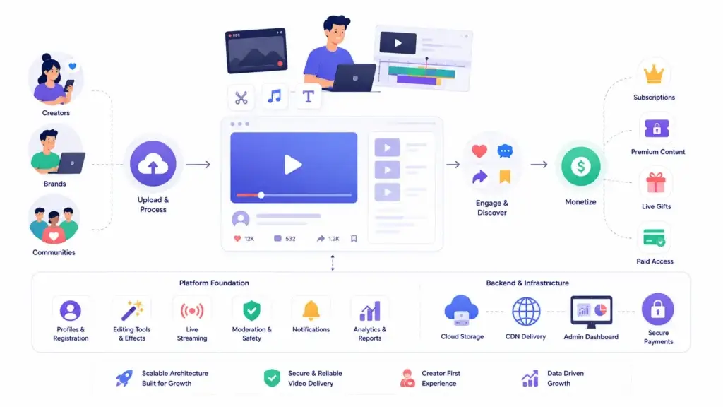 Should Startups Build a Video Creation Platform From Scratch or Use a White-Label Solution? 1 Video creation platform showing content creation, editing, streaming, engagement, monetization, analytics, cloud storage, and secure infrastructure