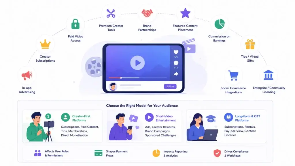 Should Startups Build a Video Creation Platform From Scratch or Use a White-Label Solution? 2 Video creation platform monetization models including subscriptions, ads, premium content, virtual gifts, brand partnerships, and social commerce