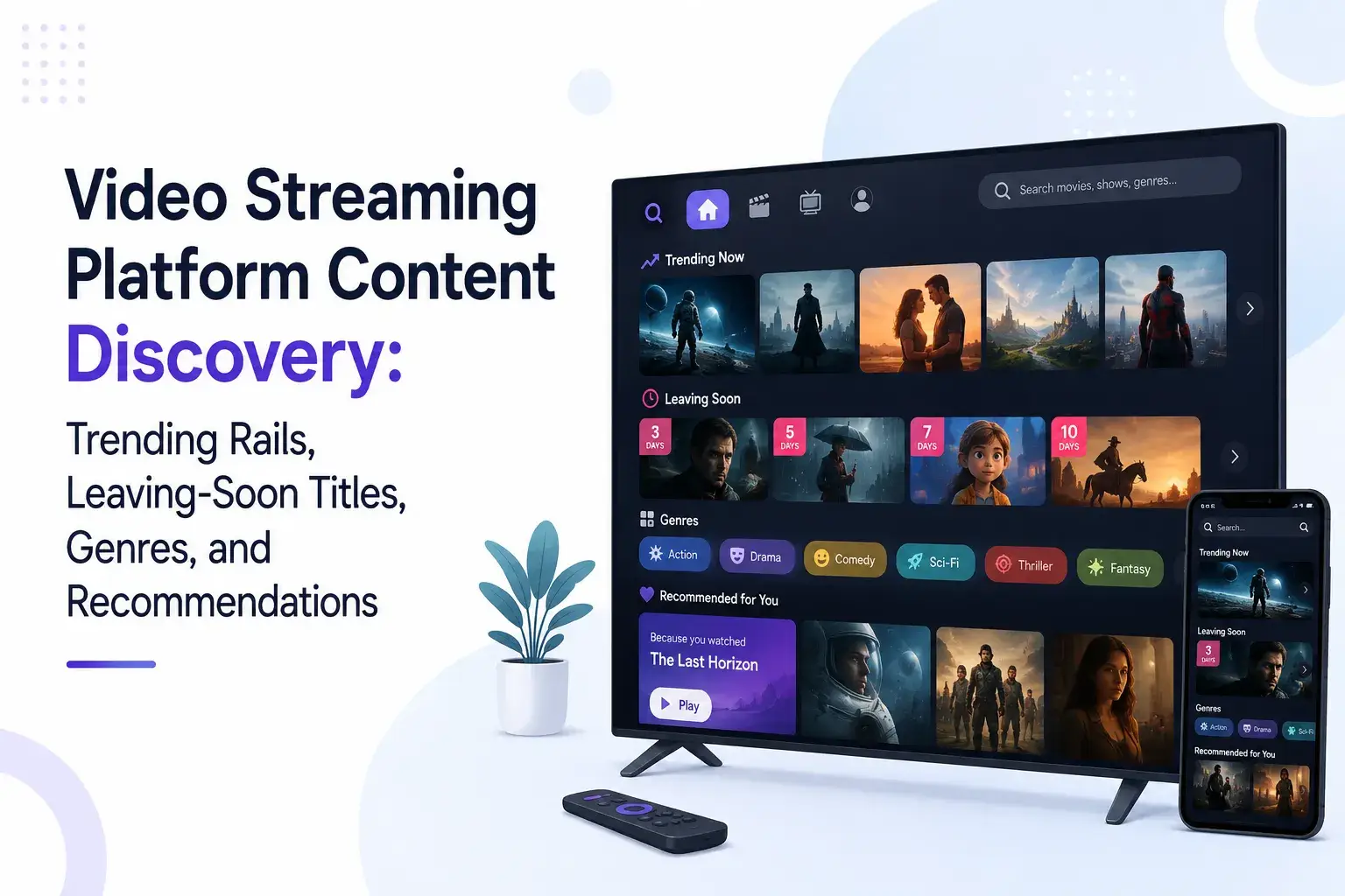 Video streaming platform content discovery with trending rails, leaving-soon titles, genres, search, and personalized recommendations.