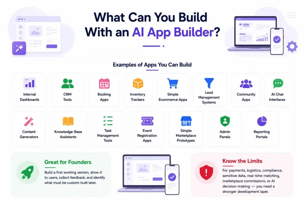 What Is an AI App Builder and How Does It Turn Prompts Into Working Applications? 2 What you can build with an AI app builder, including dashboards, CRM tools, booking apps, ecommerce, community apps, admin panels, and reporting portals