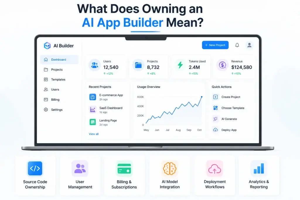 Bolt.new SaaS vs Owning an AI App Builder: Source Code, Control, and Scaling Compared 1 What owning an AI app builder means with source code, users, billing, AI models, deployment, and analytics